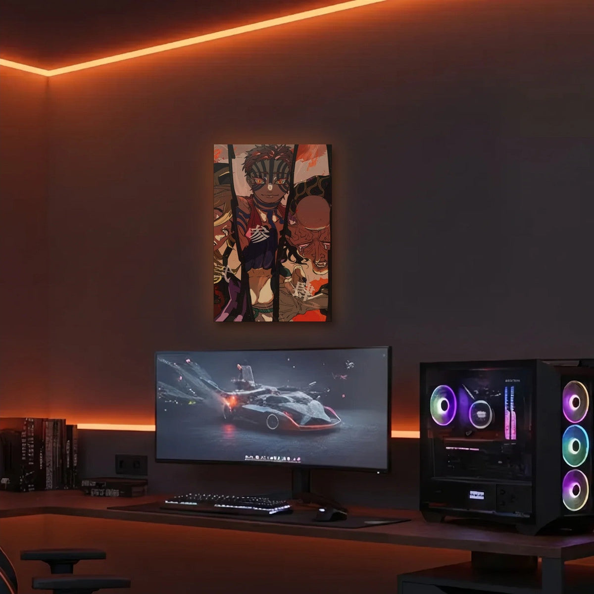 Anime Art acrylic wall art in an orange LED gaming room