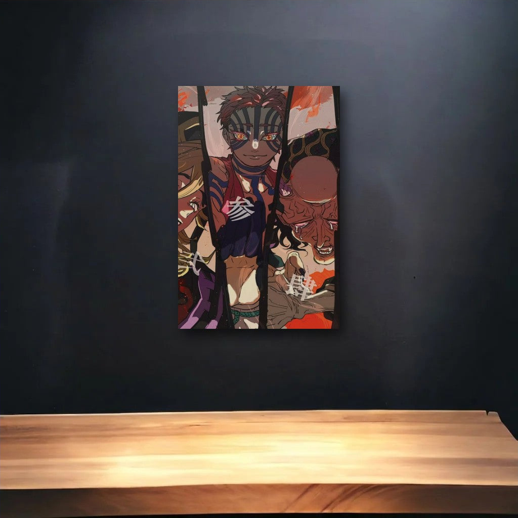 Anime Art glossy acrylic art above a wooden shelf