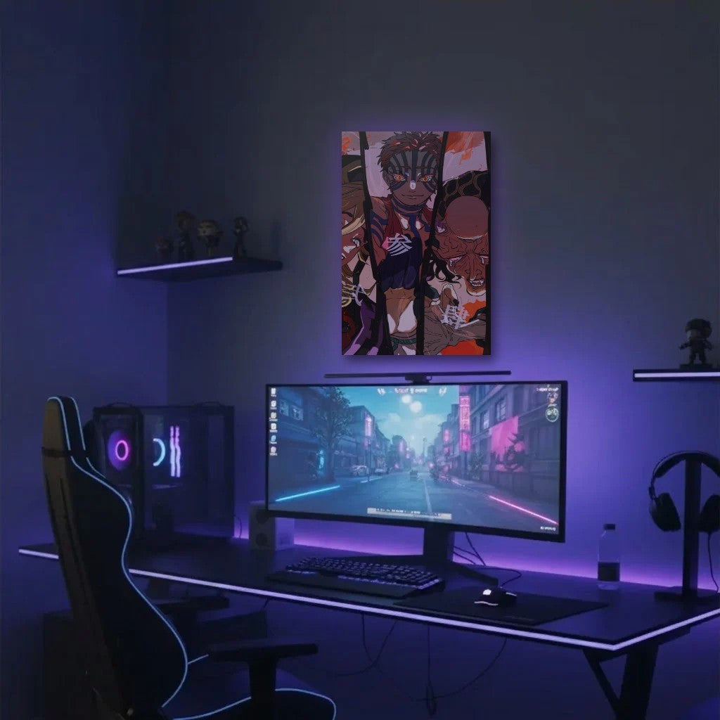 Anime Art acrylic wall art in a purple gaming setup