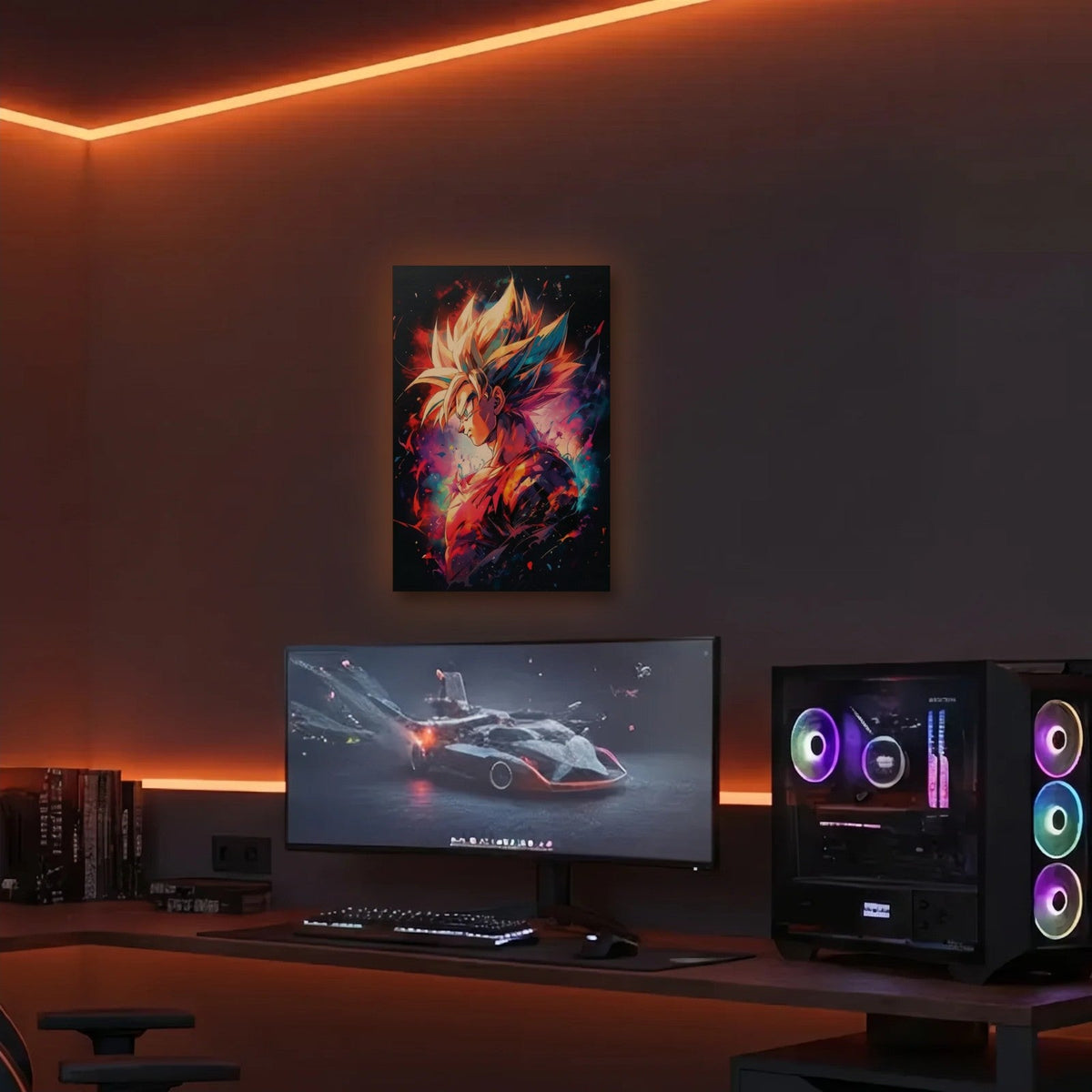 Anime Art acrylic wall art in an orange LED gaming room