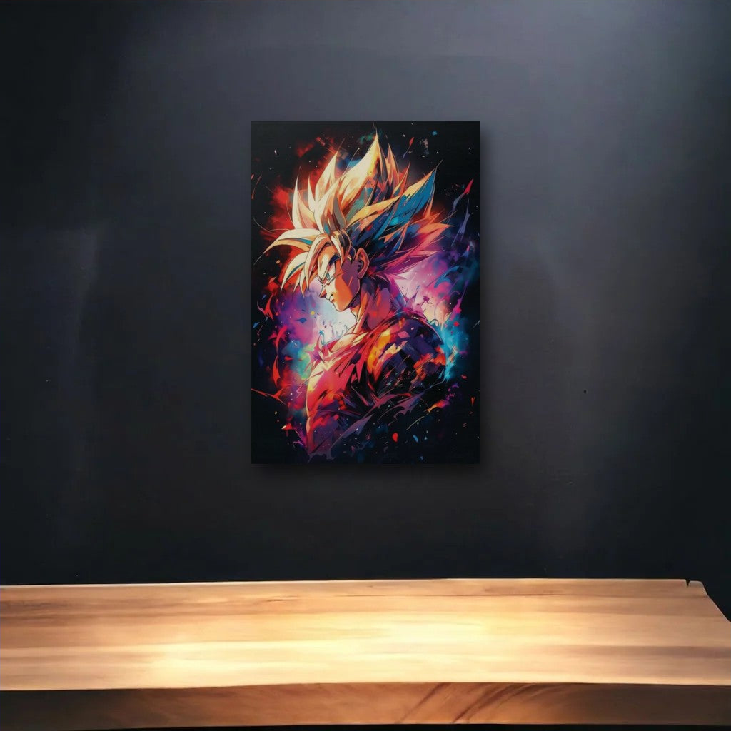 Anime Art glossy acrylic art above a wooden shelf