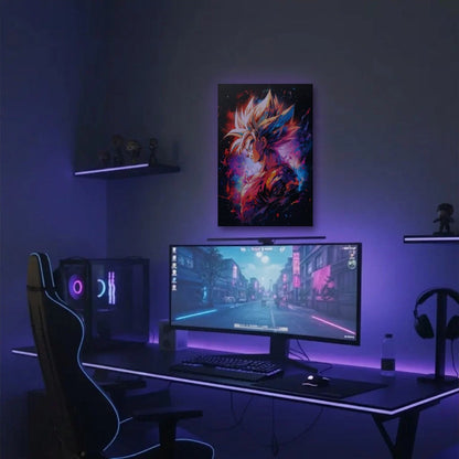 Anime Art acrylic wall art in a purple gaming setup