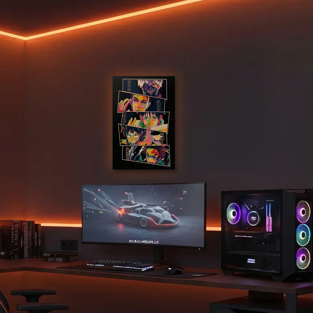 Anime Art acrylic wall art in an orange LED gaming room
