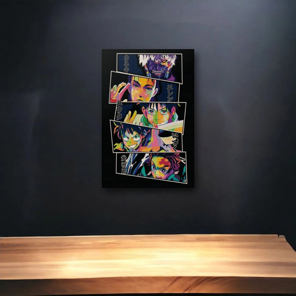 Anime Art glossy acrylic art above a wooden shelf