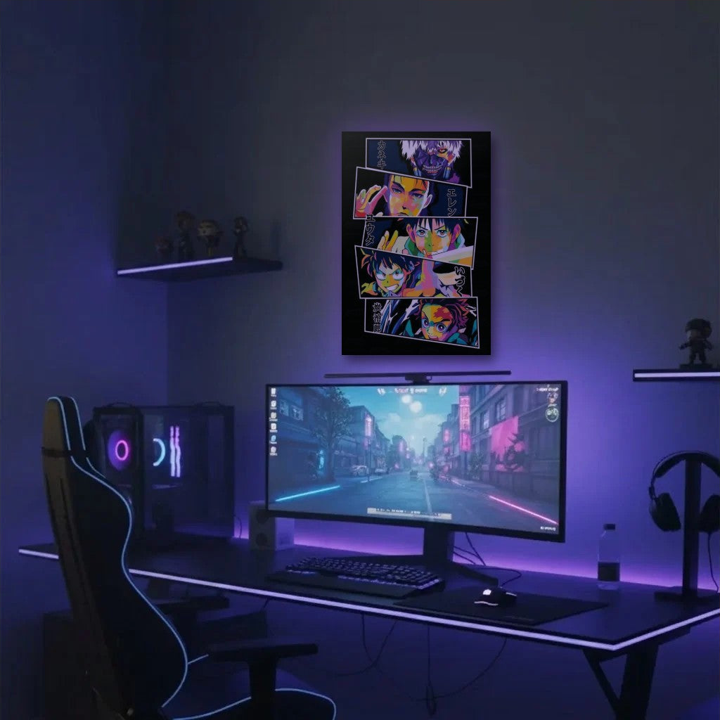 Anime Art acrylic wall art in a purple gaming setup