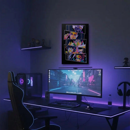 Anime Art acrylic wall art in a purple gaming setup