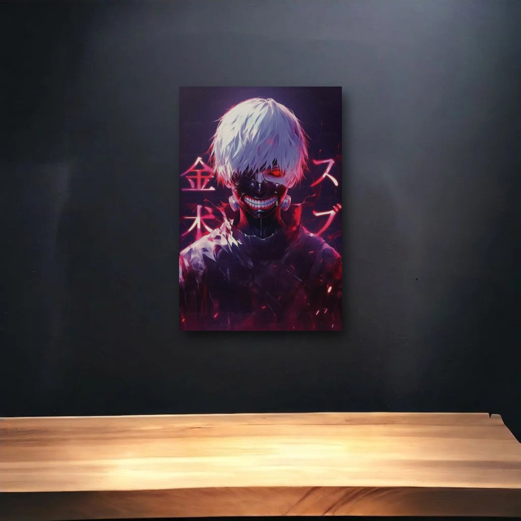 Anime Art glossy acrylic art above a wooden shelf