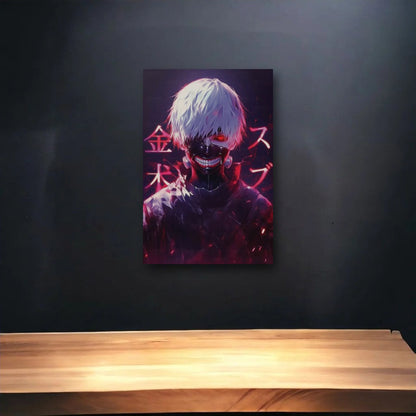 Anime Art glossy acrylic art above a wooden shelf