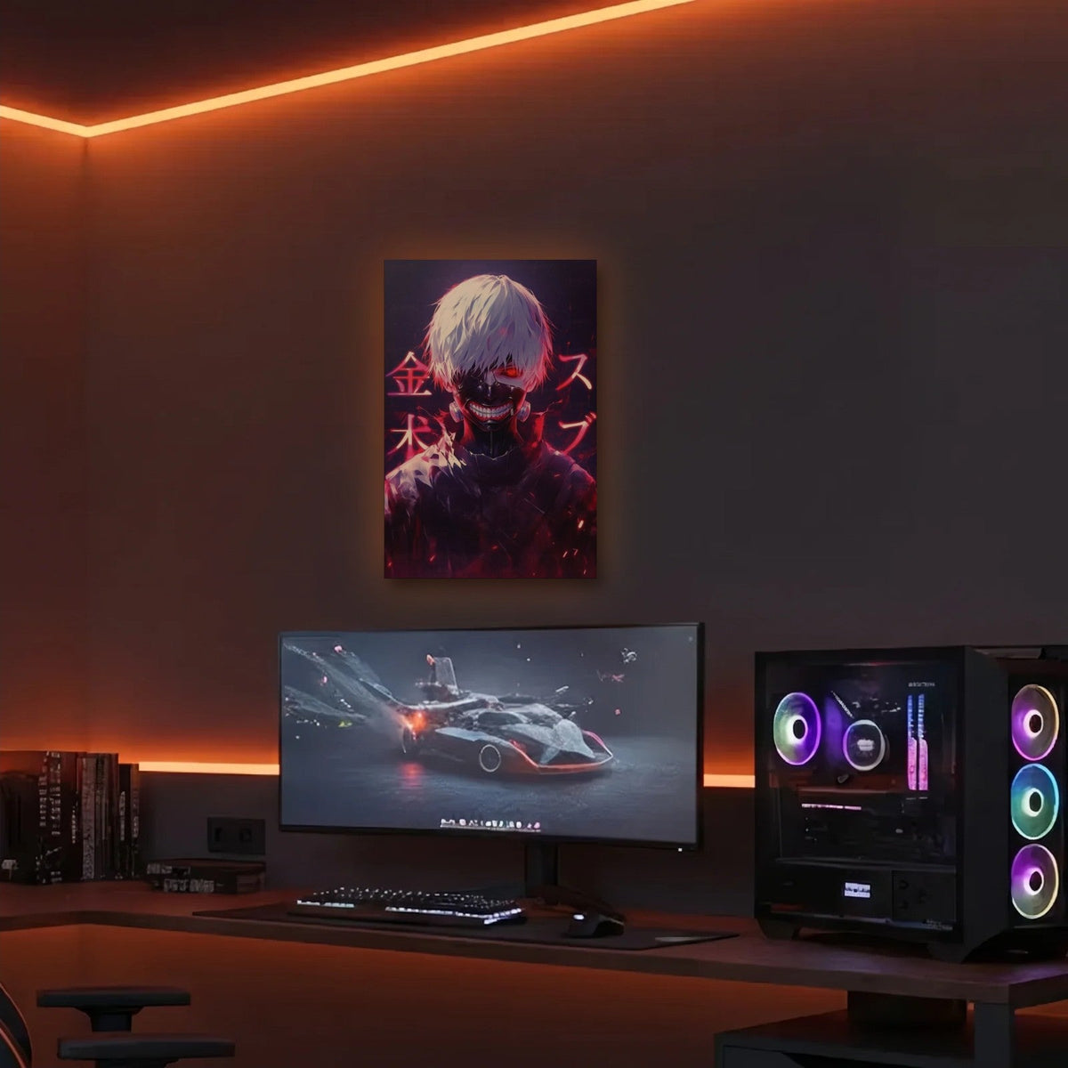 Anime Art acrylic wall art in an orange LED gaming room