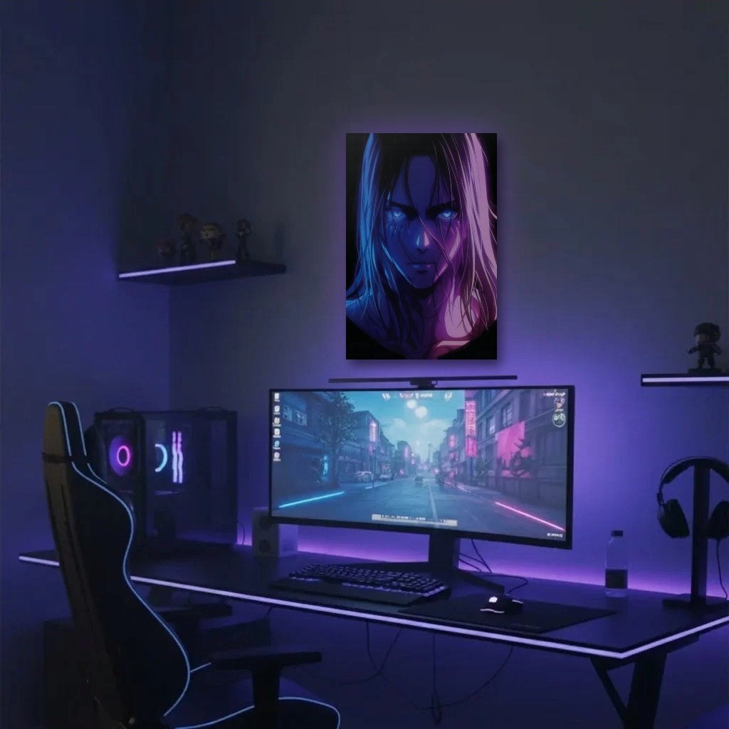 Anime Art acrylic wall art in a purple gaming setup
