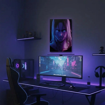 Anime Art acrylic wall art in a purple gaming setup