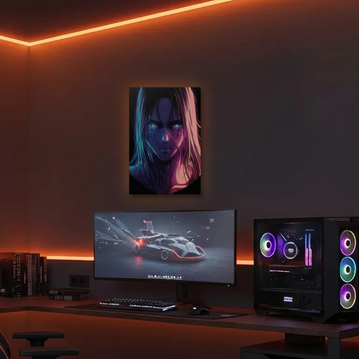 Anime Art acrylic wall art in an orange LED gaming room