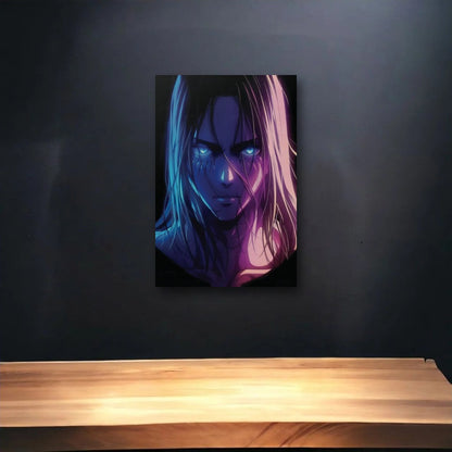 Anime Art glossy acrylic art above a wooden shelf