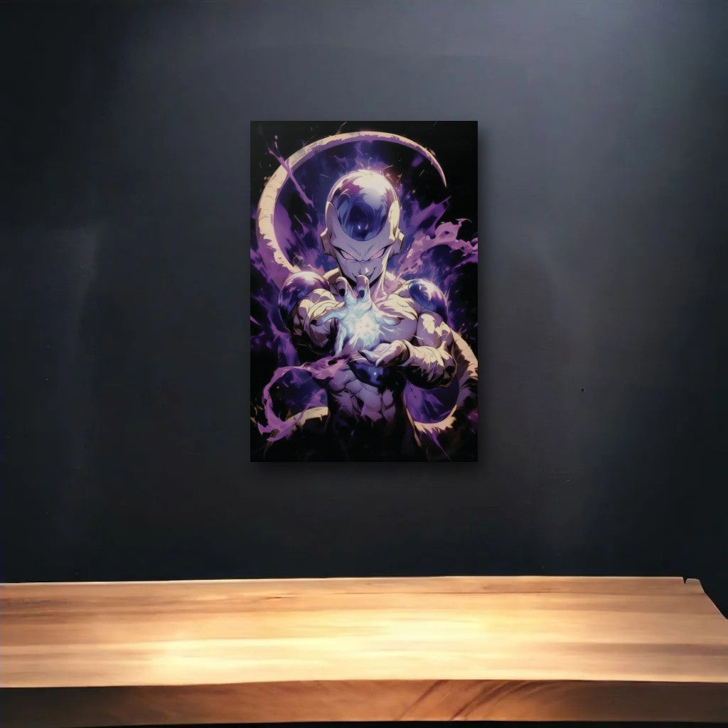 Anime Art glossy acrylic art above a wooden shelf