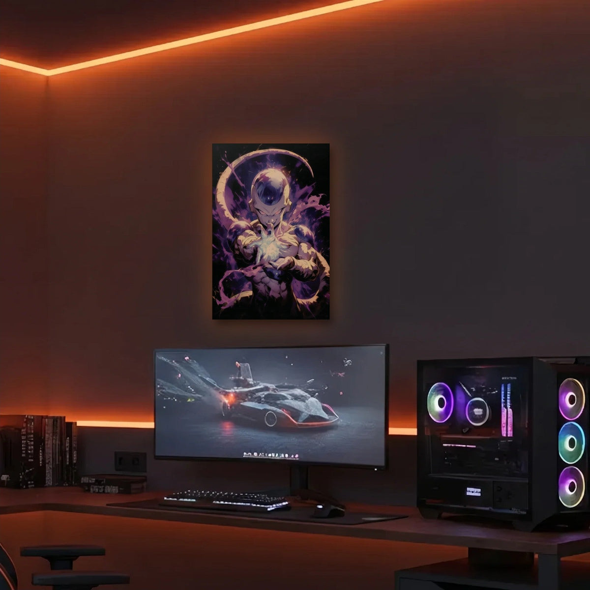 Anime Art acrylic wall art in an orange LED gaming room