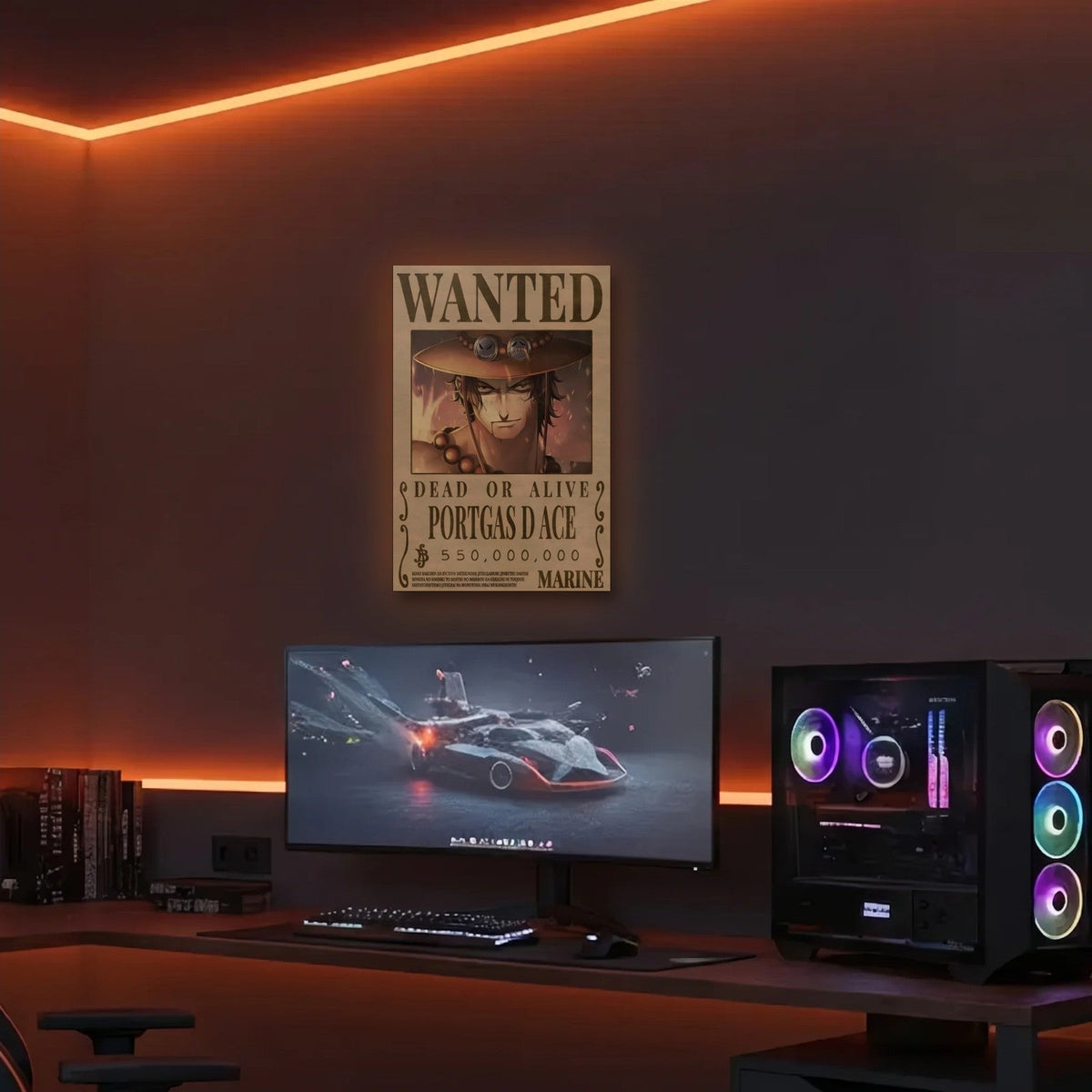 Anime Art acrylic wall art in an orange LED gaming room