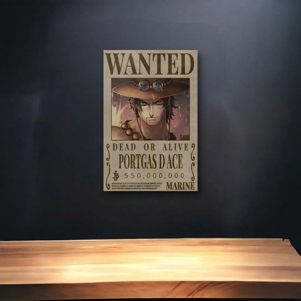 Anime Art glossy acrylic art above a wooden shelf