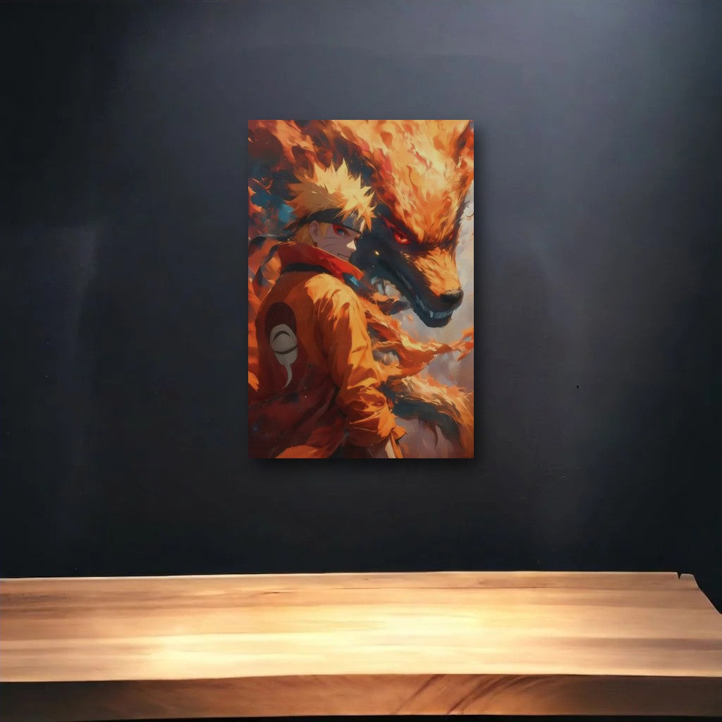 Anime Art glossy acrylic art above a wooden shelf