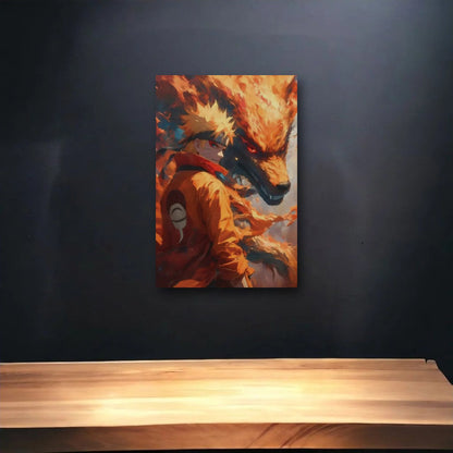 Anime Art glossy acrylic art above a wooden shelf