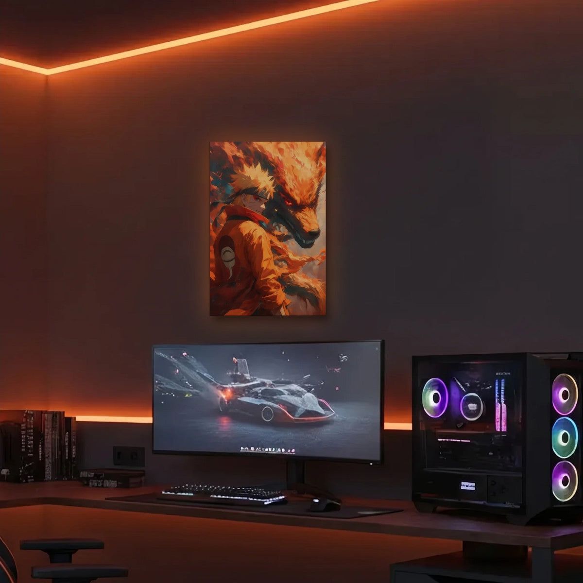 Anime Art acrylic wall art in an orange LED gaming room