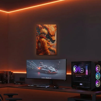 Anime Art acrylic wall art in an orange LED gaming room