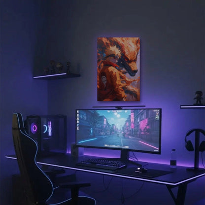 Anime Art acrylic wall art in a purple gaming setup