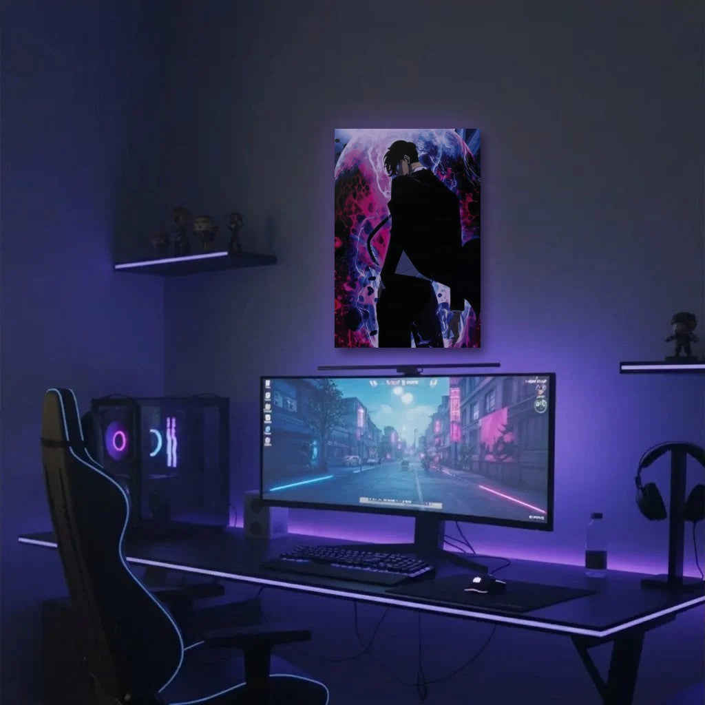 Anime Art acrylic wall art in a purple gaming setup