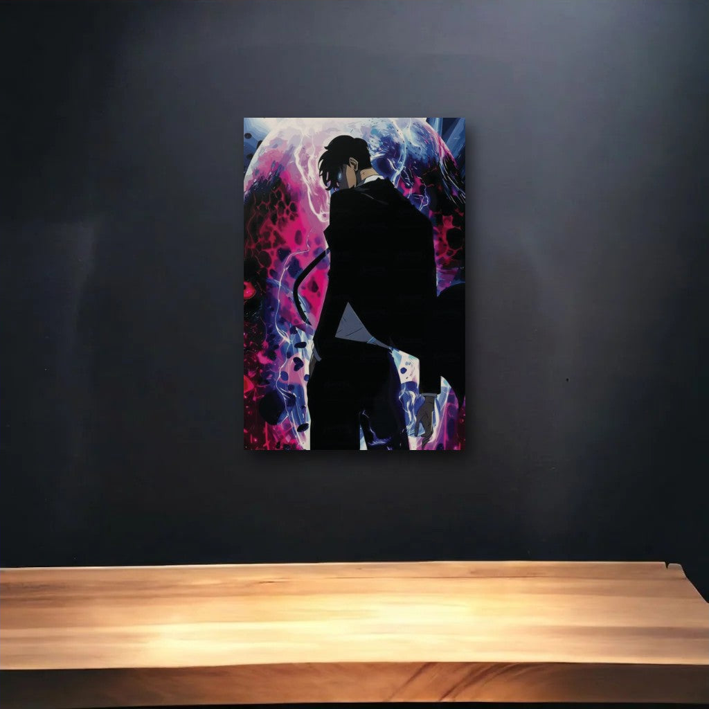 Anime Art glossy acrylic art above a wooden shelf