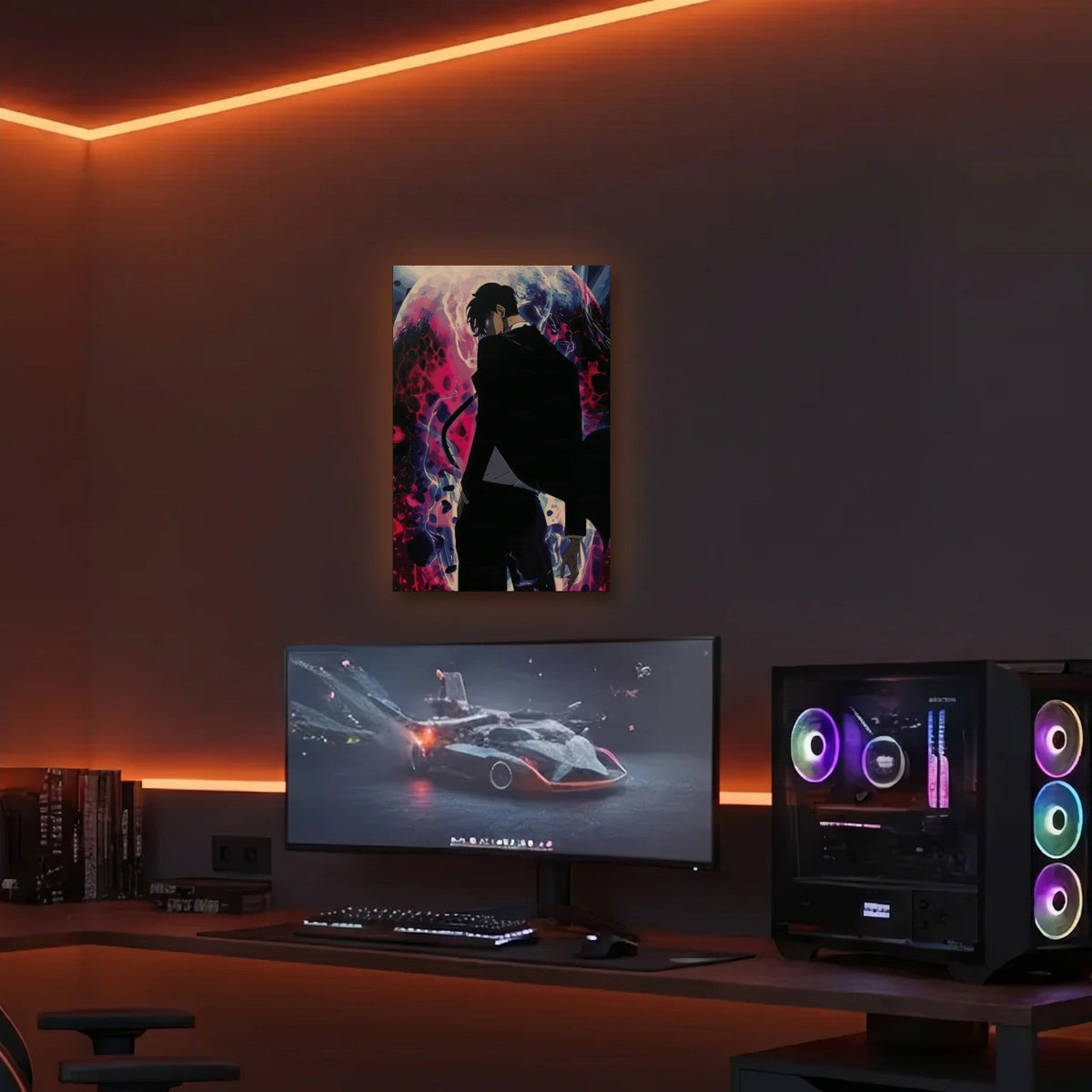 Anime Art acrylic wall art in an orange LED gaming room