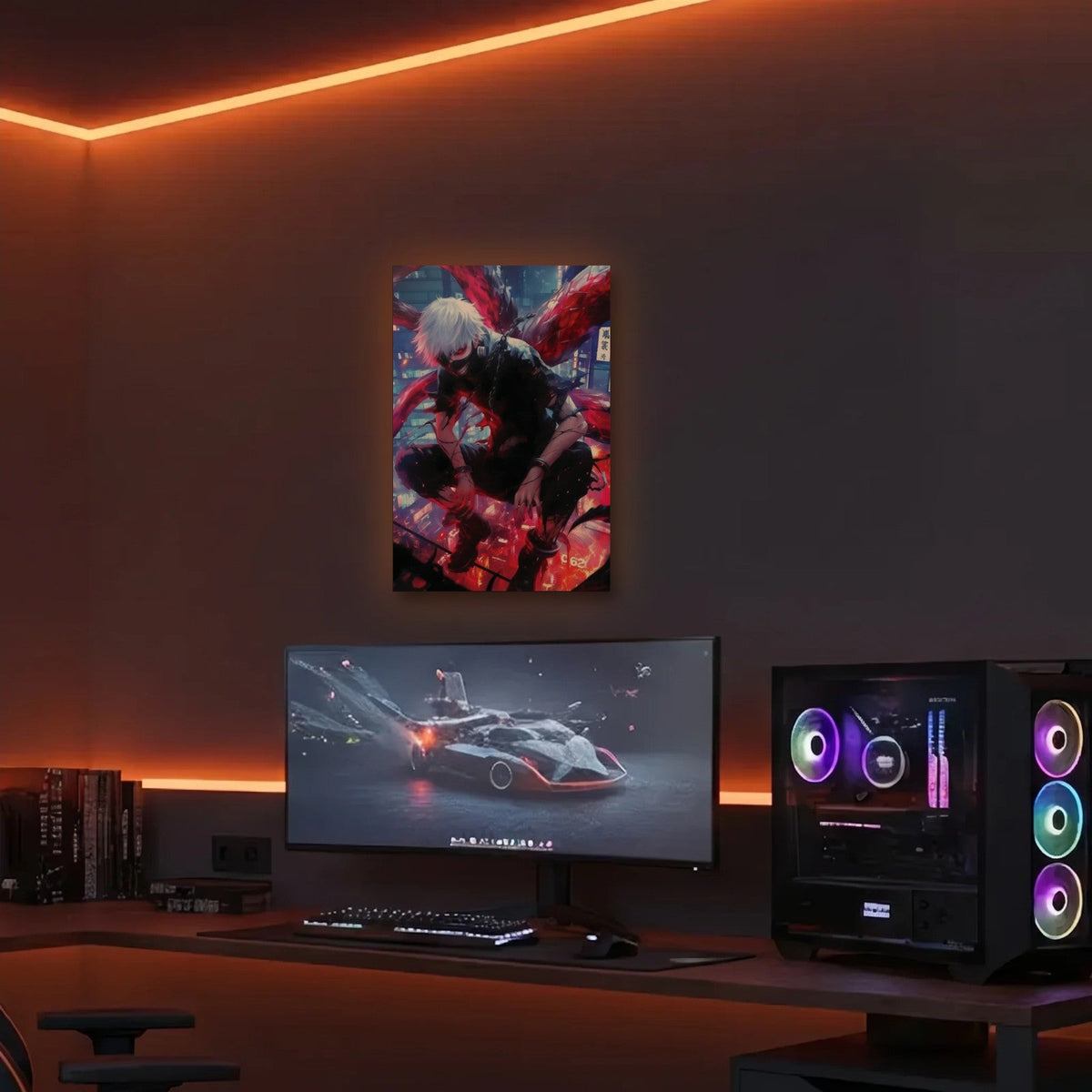 Anime Art acrylic wall art in an orange LED gaming room