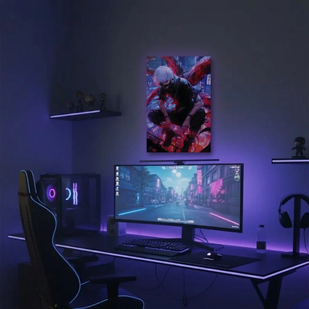 Anime Art acrylic wall art in a purple gaming setup