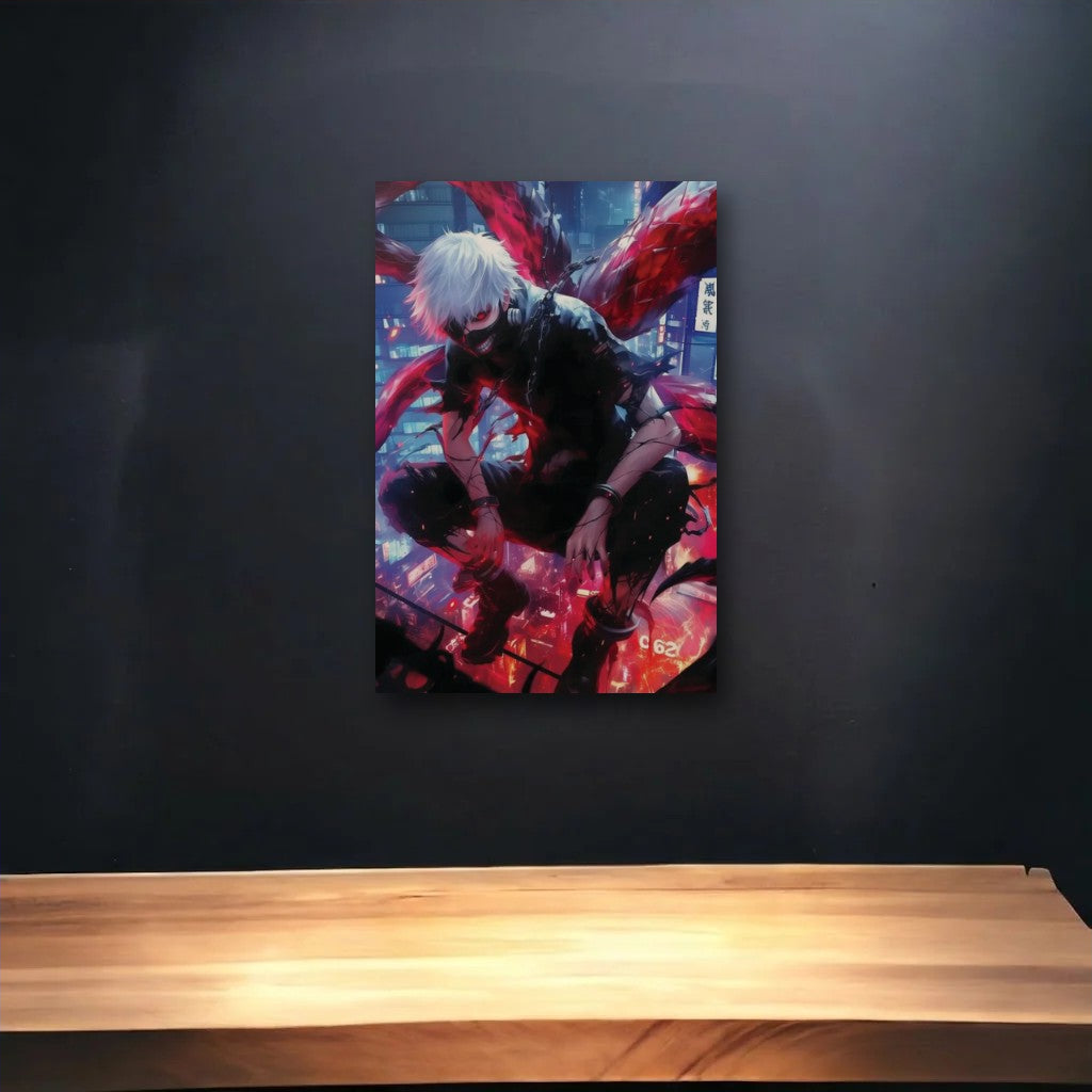 Anime Art glossy acrylic art above a wooden shelf