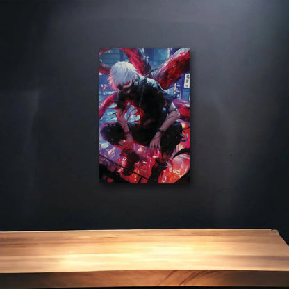 Anime Art glossy acrylic art above a wooden shelf