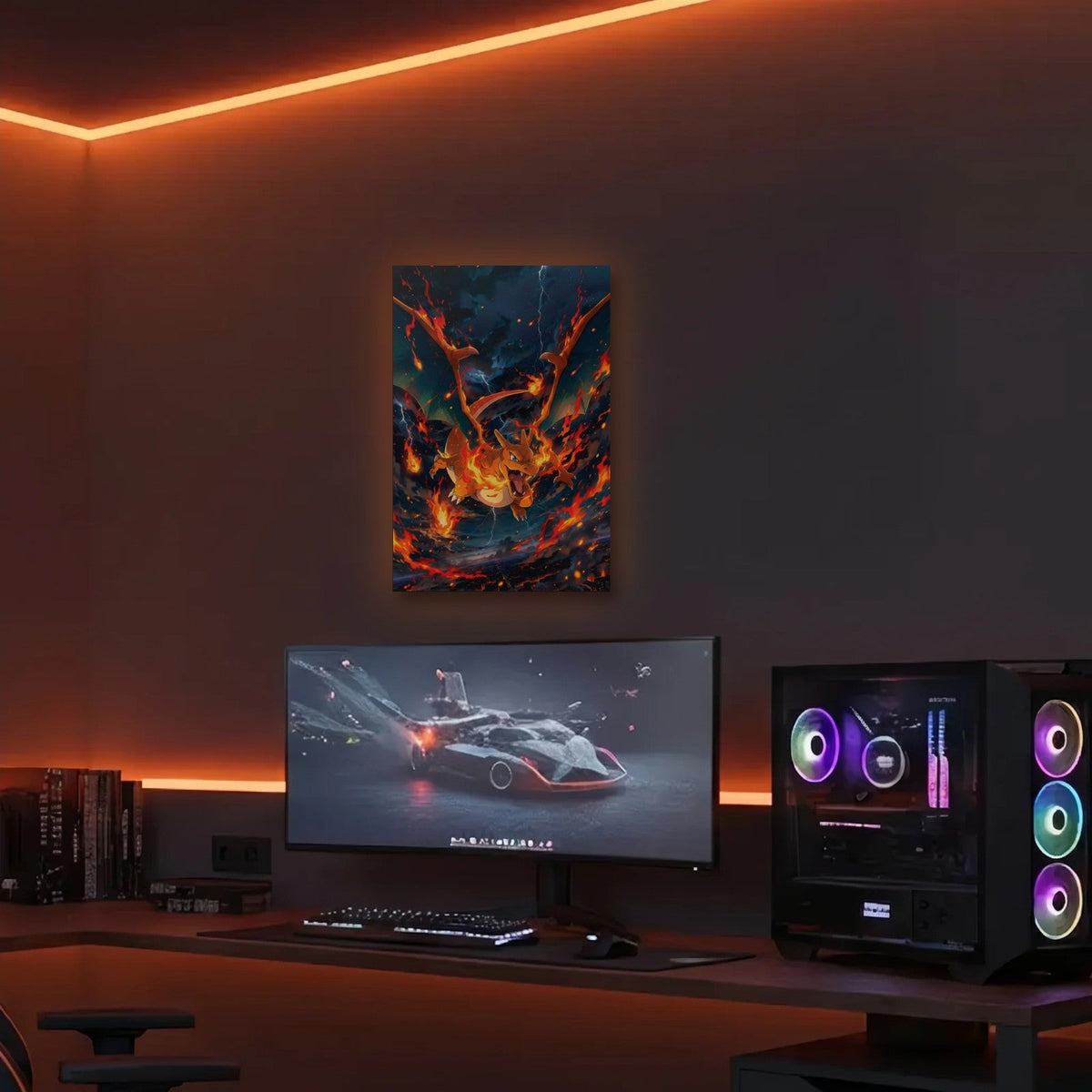 Anime Art acrylic wall art in an orange LED gaming room