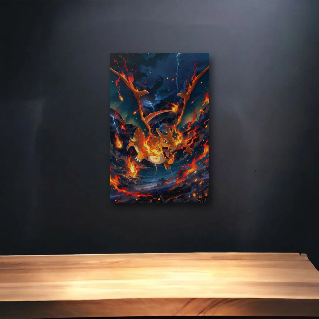 Anime Art glossy acrylic art above a wooden shelf