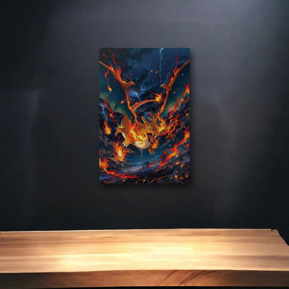 Anime Art glossy acrylic art above a wooden shelf