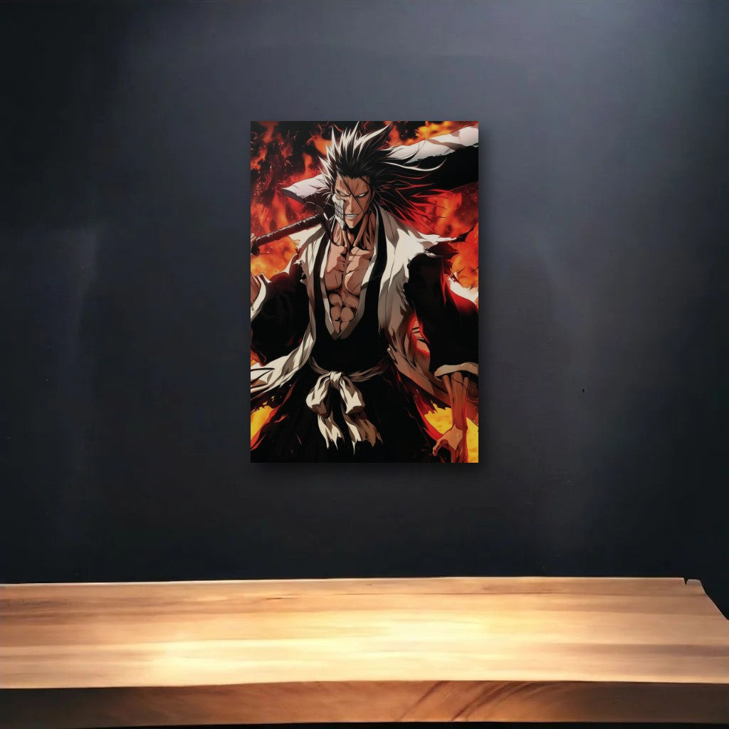 Anime Art glossy acrylic art above a wooden shelf