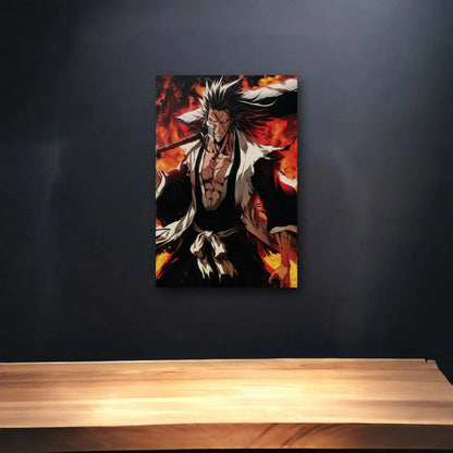 Anime Art glossy acrylic art above a wooden shelf
