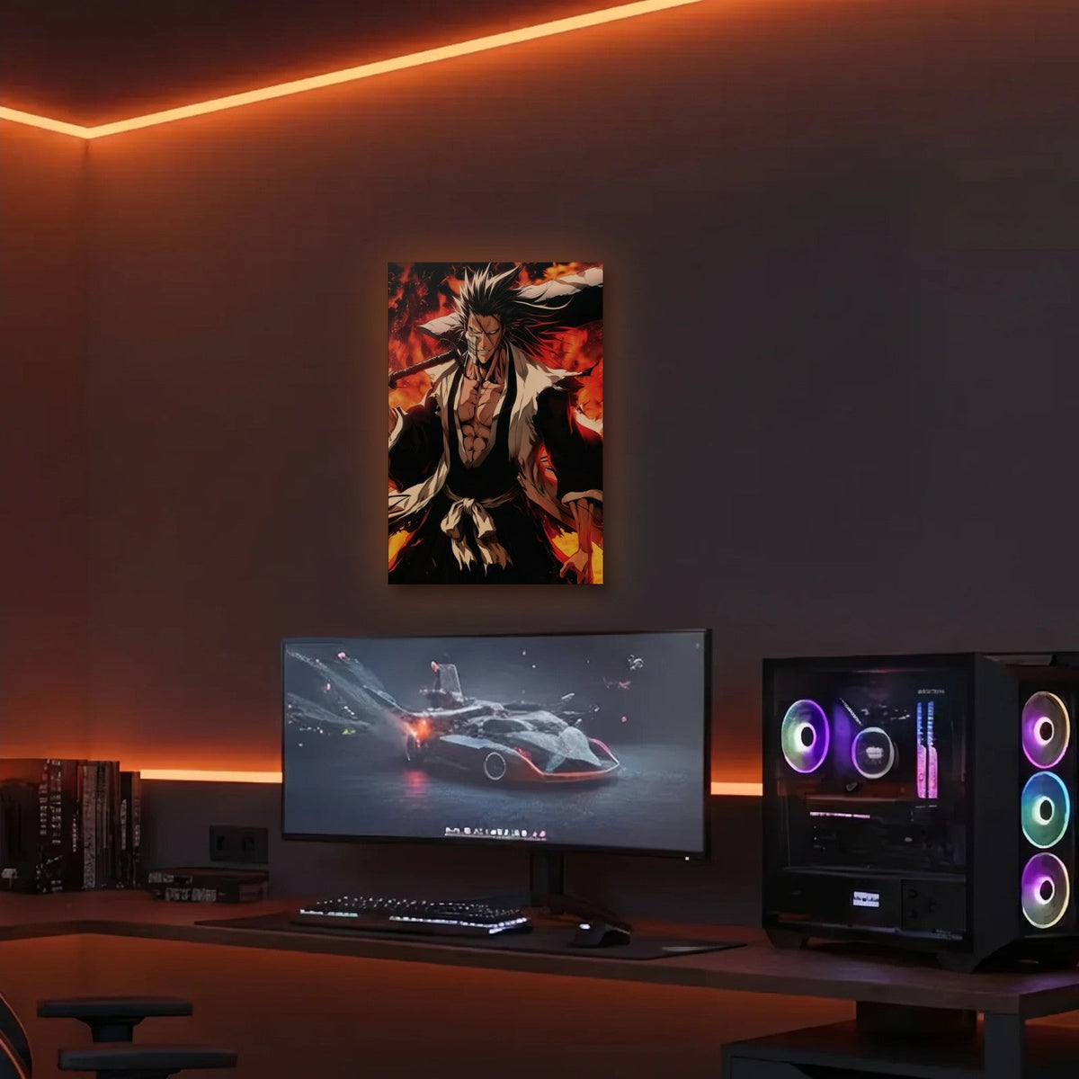 Anime Art acrylic wall art in an orange LED gaming room