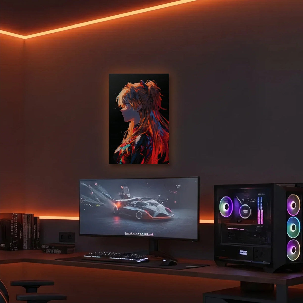 Anime Art acrylic wall art in an orange LED gaming room