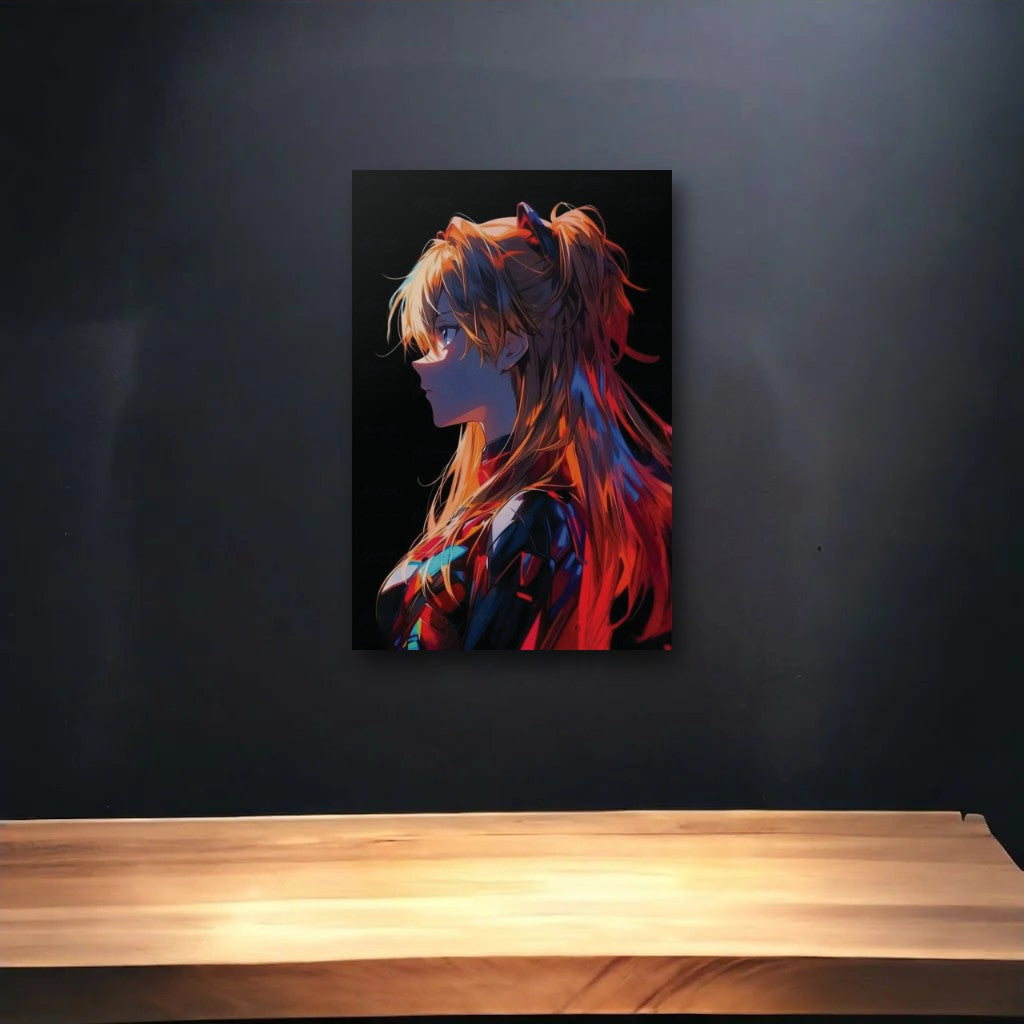 Anime Art glossy acrylic art above a wooden shelf