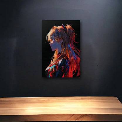 Anime Art glossy acrylic art above a wooden shelf