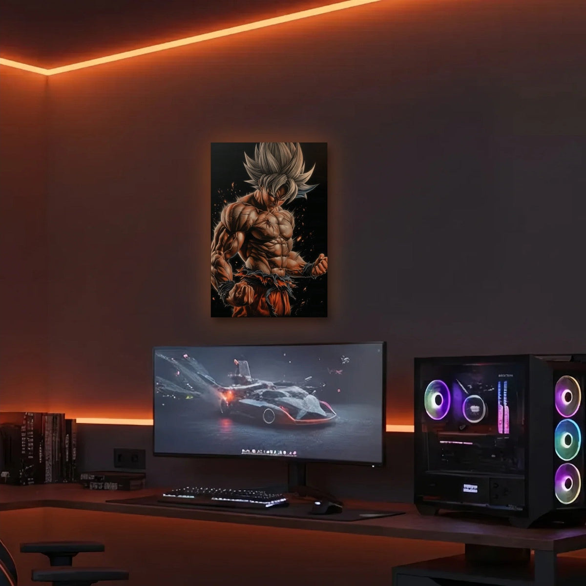 Anime Art acrylic wall art in an orange LED gaming room