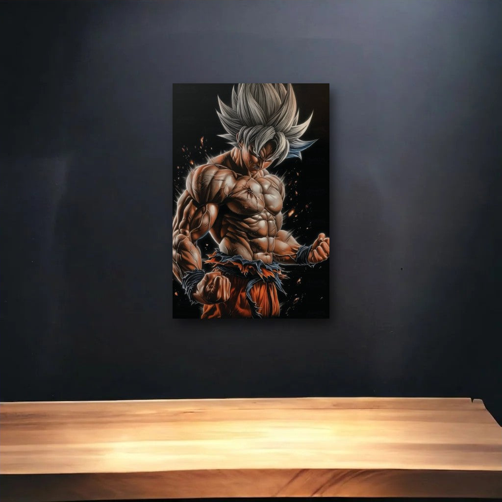 Anime Art glossy acrylic art above a wooden shelf