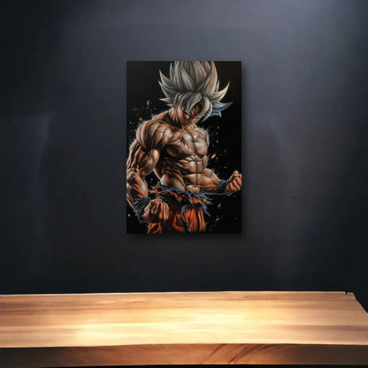 Anime Art glossy acrylic art above a wooden shelf