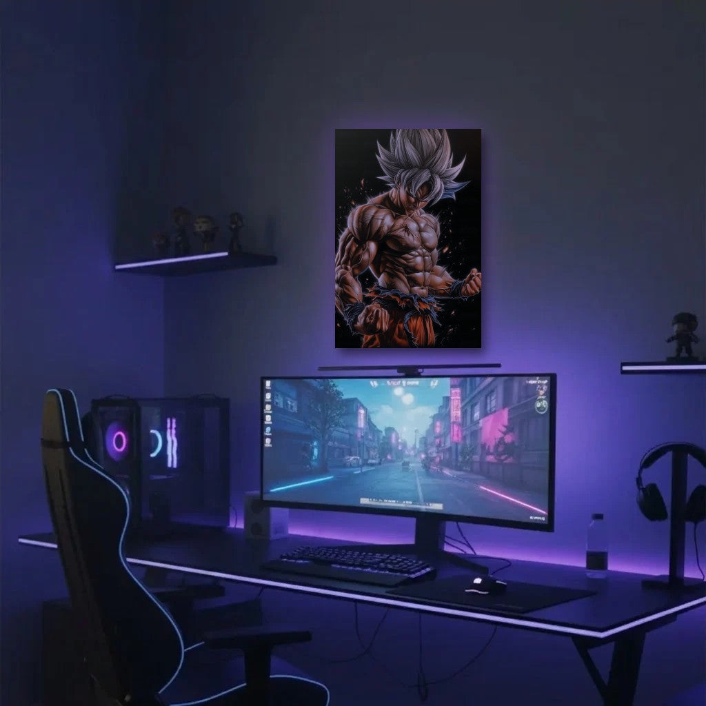 Anime Art acrylic wall art in a purple gaming setup