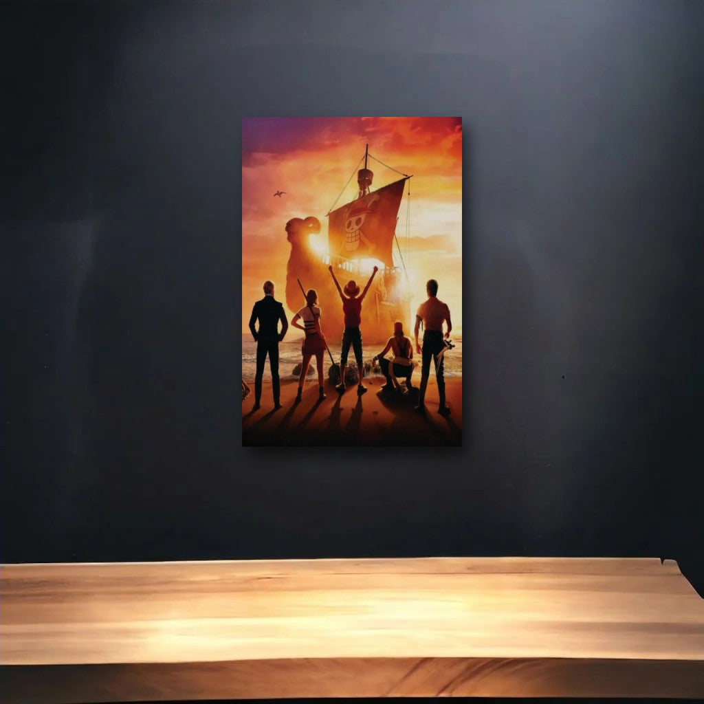 Anime Art glossy acrylic art above a wooden shelf