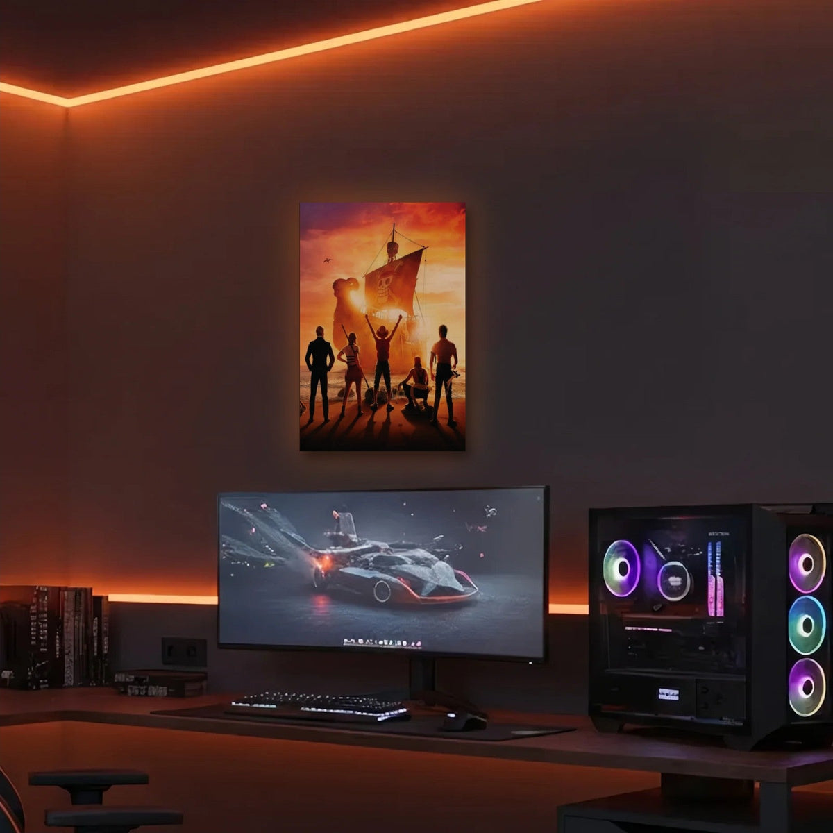 Anime Art acrylic wall art in an orange LED gaming room