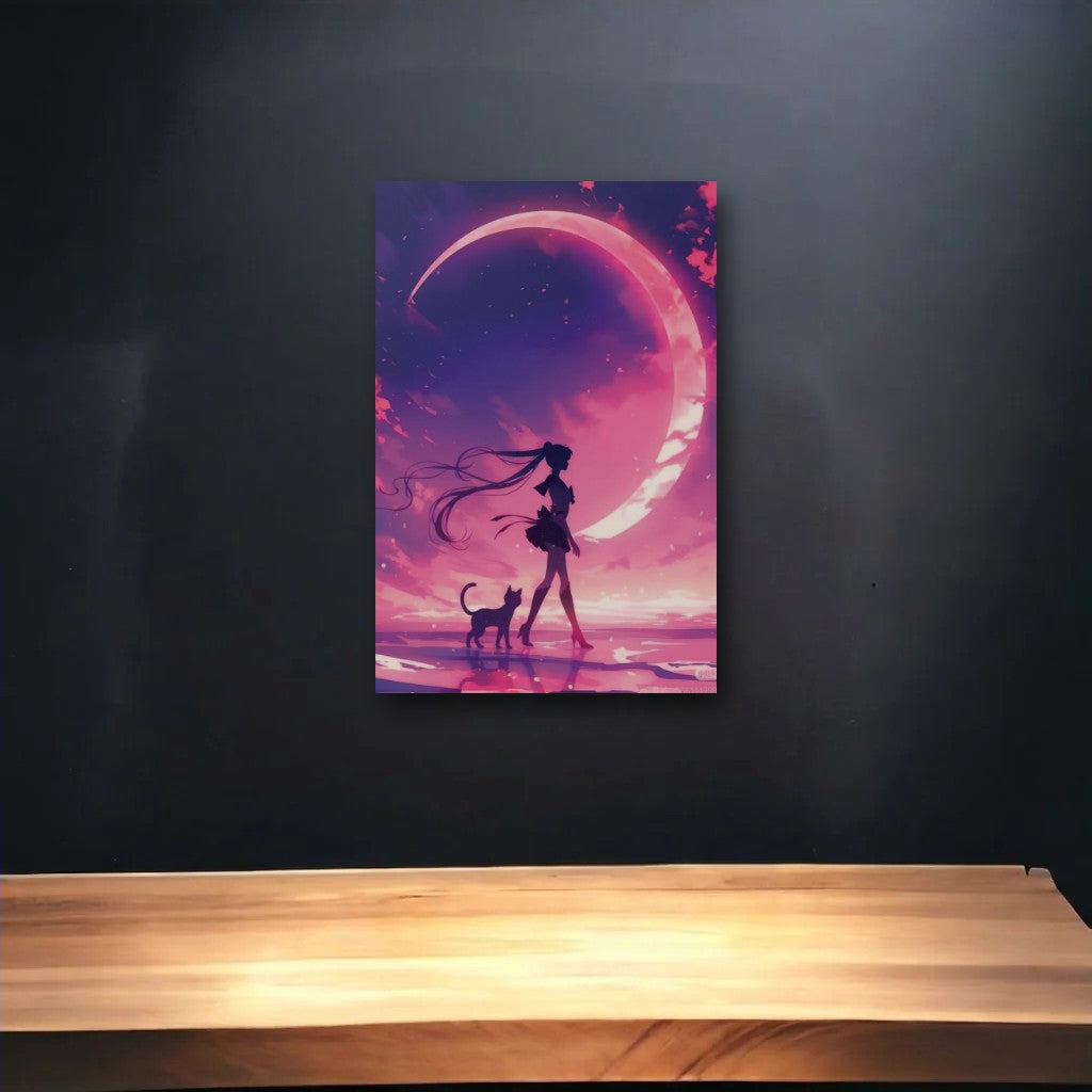 Anime Art glossy acrylic art above a wooden shelf