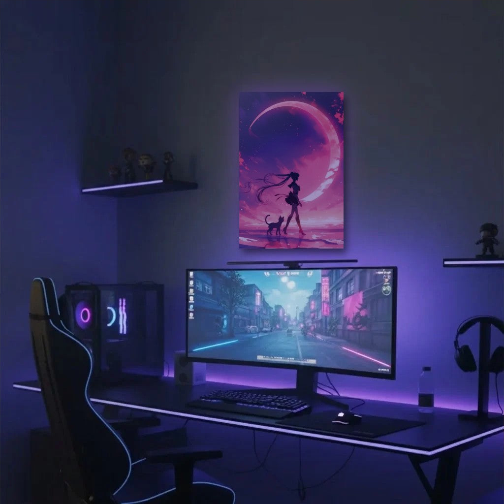 Anime Art acrylic wall art in a purple gaming setup